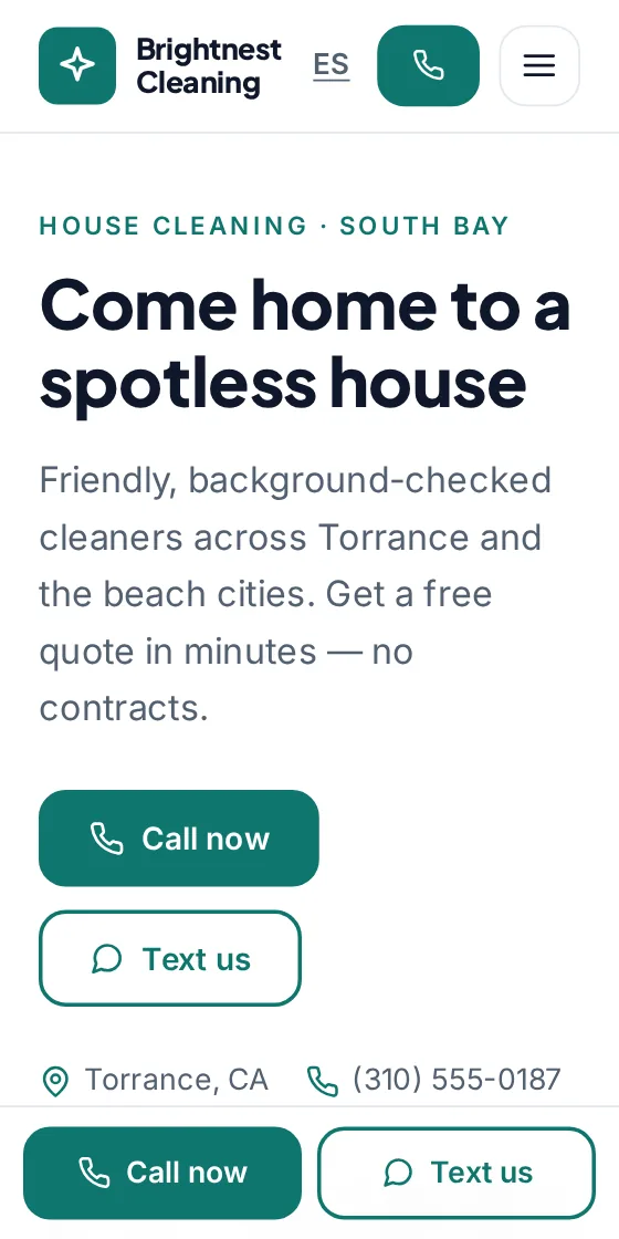 Cleaning service website on a phone