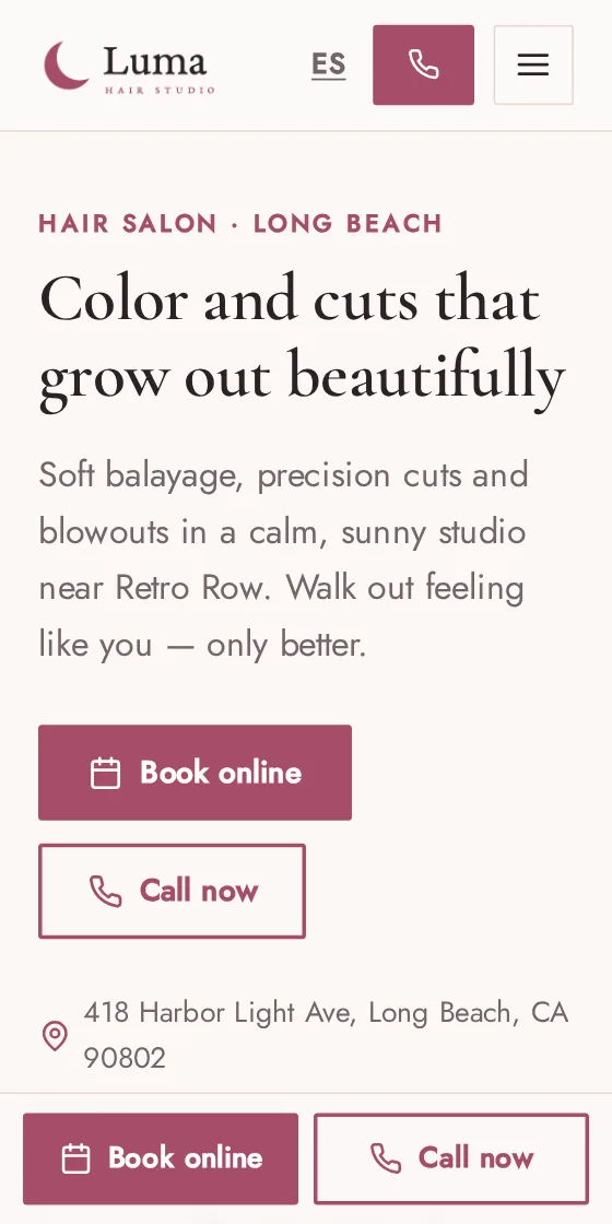 Hair salon website on a phone